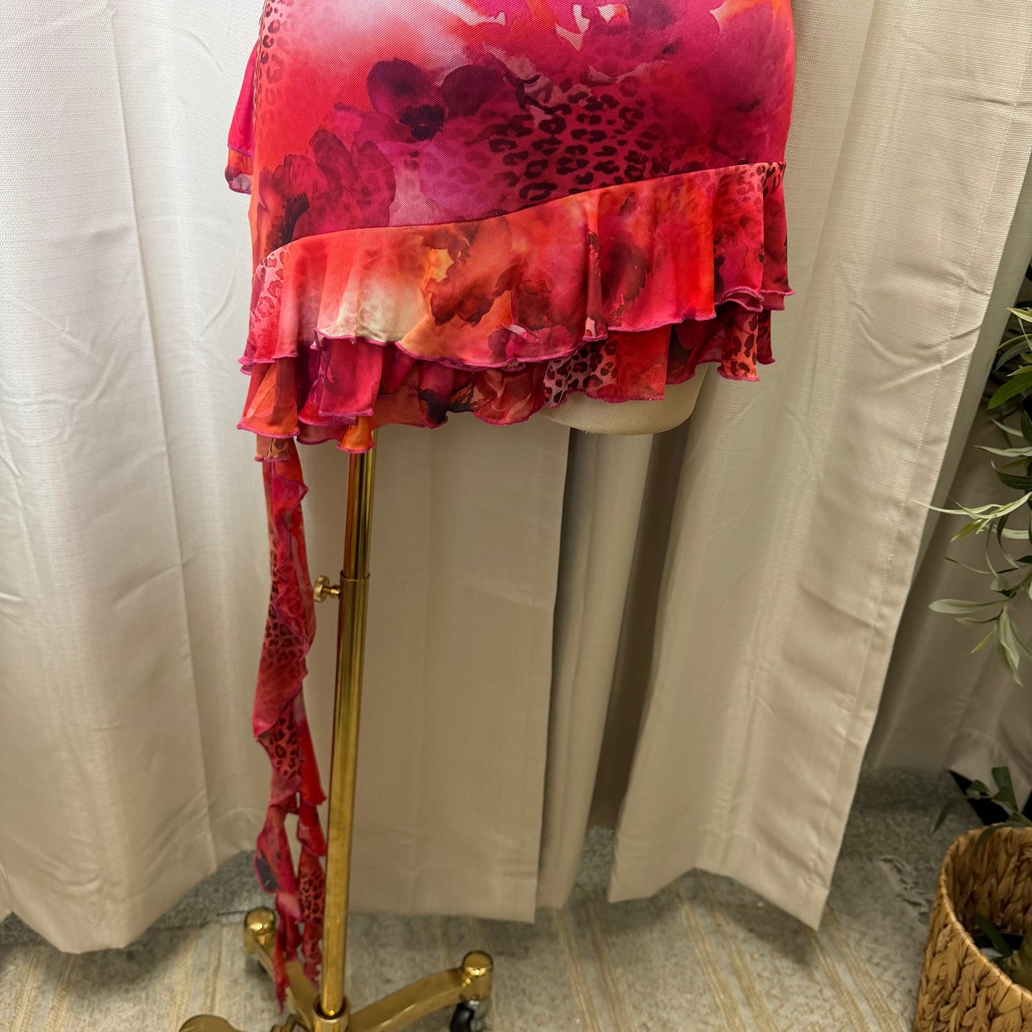 Floral Cheetah Halter Ruffle Asymmetrical Mini Dress-Pink
