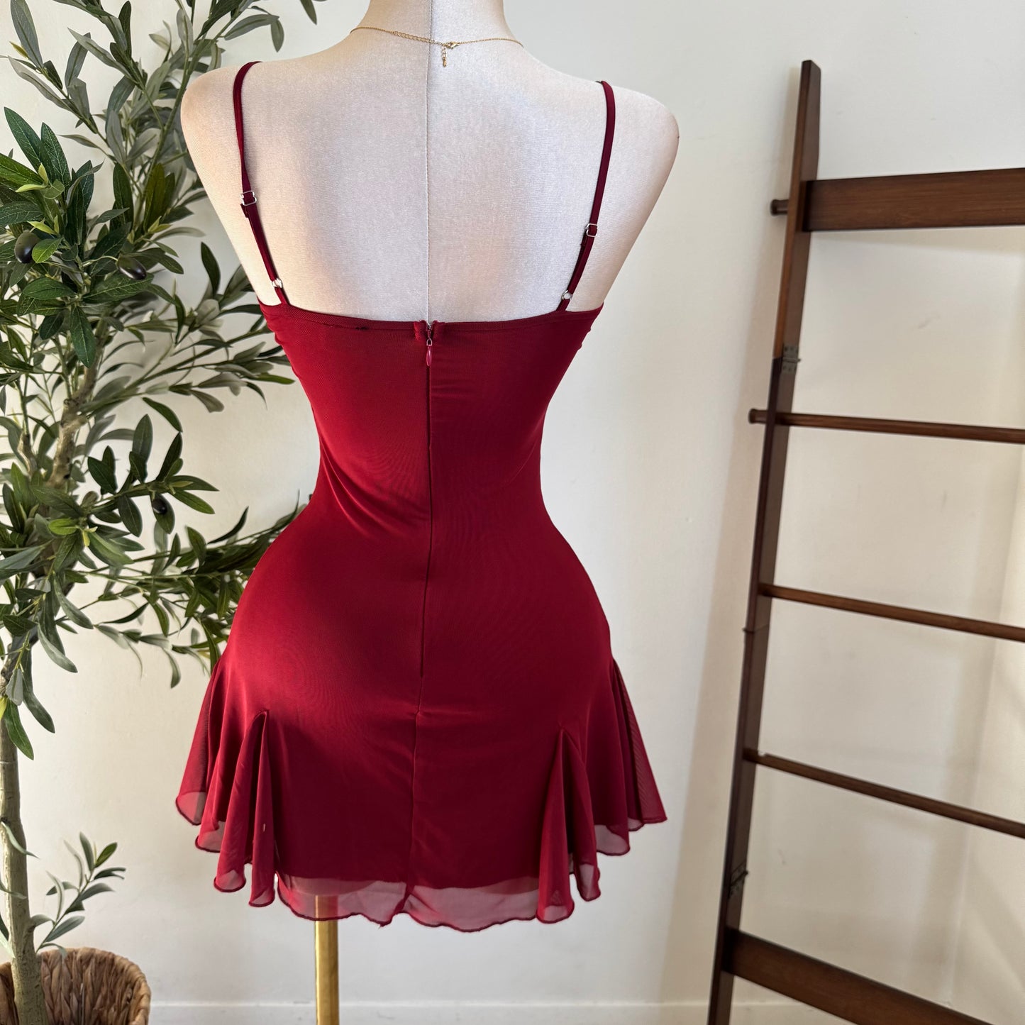 Mesh Mini Dress-Burgundy
