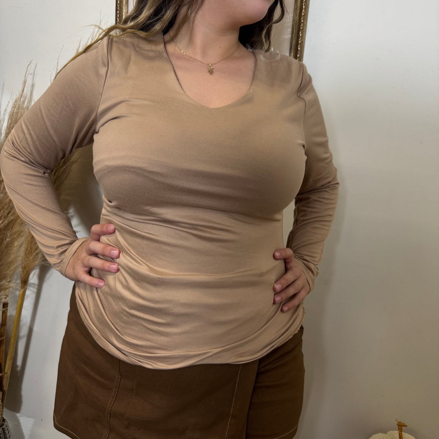 Long Sleeve Double Layered Top-Tan