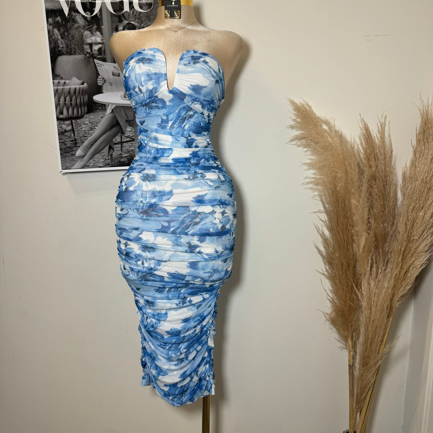 Strapless Mesh Print Dress-Baby Blue/White