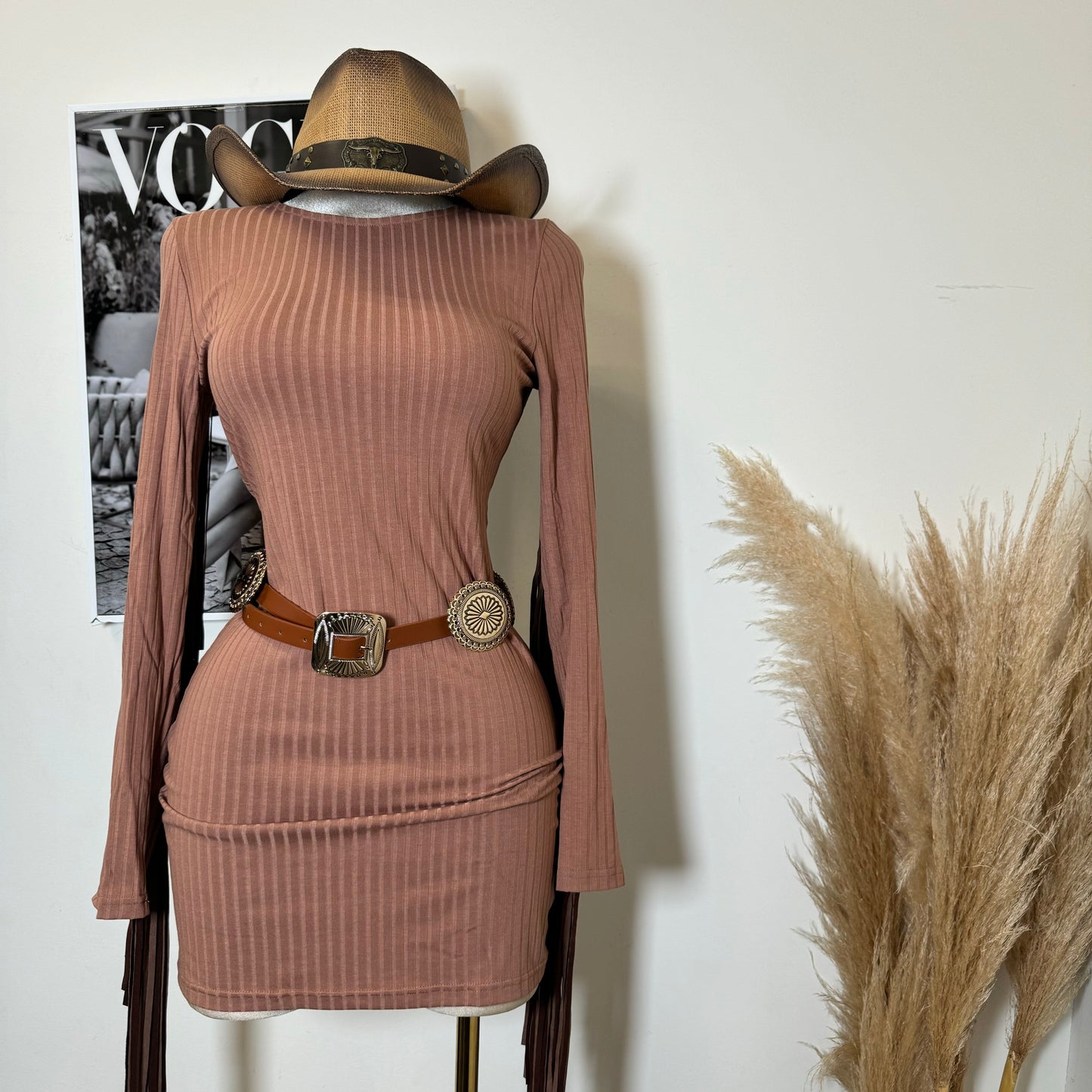 Fringe Rib Bodycon Dress-Brown