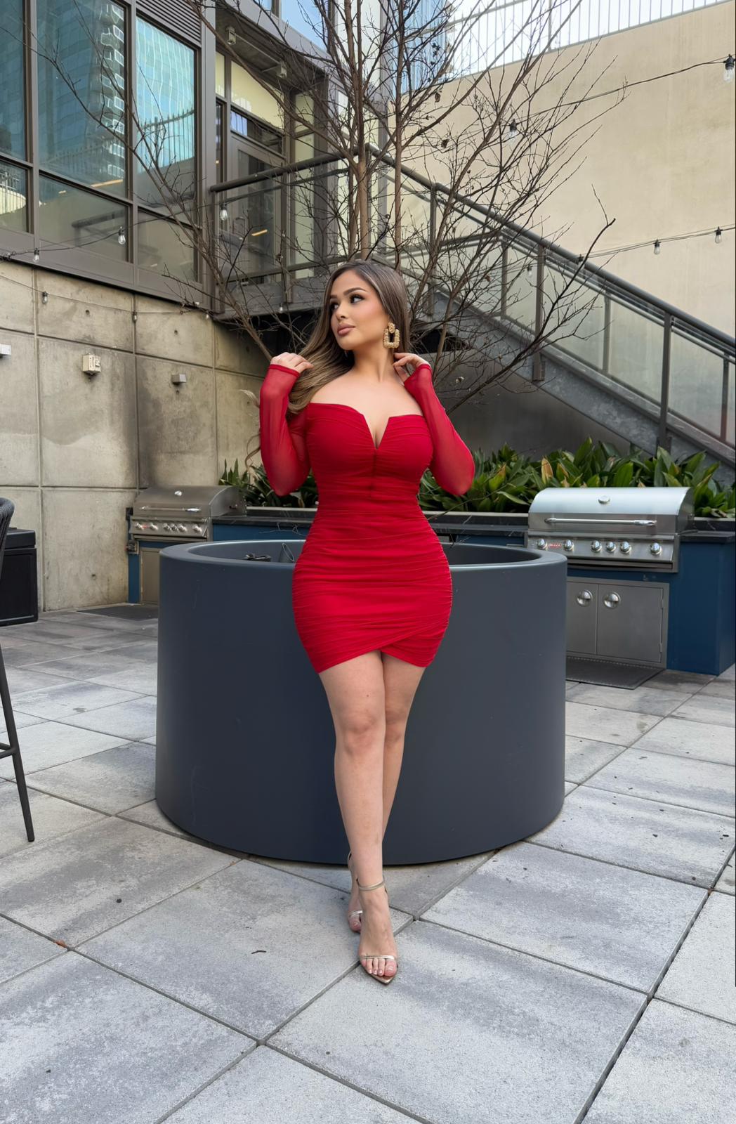 Aleya Long Sleeve Dress-Red