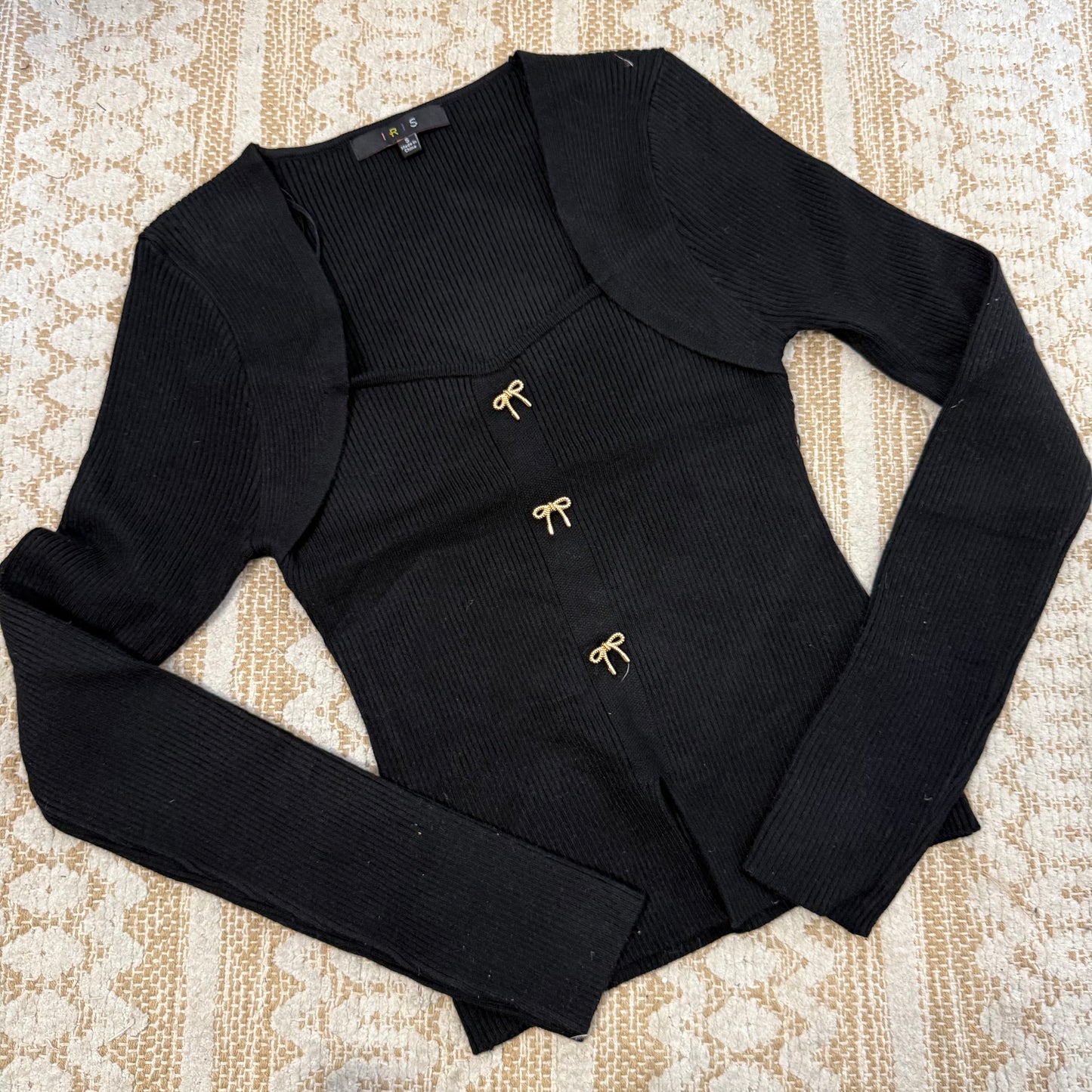 Square Neck Ribbon Trim Sweater Top-Black
