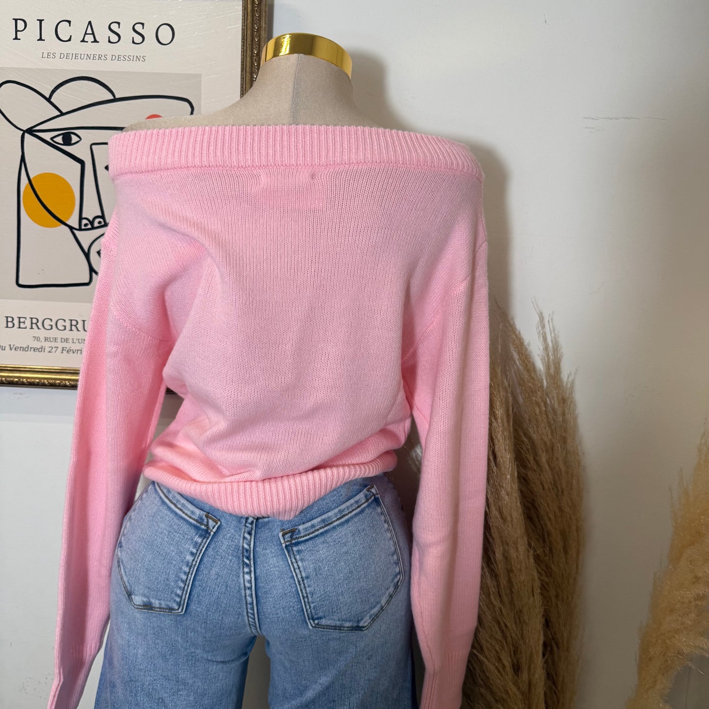 Off Shoulder Knit Sweater Top-Baby Pink