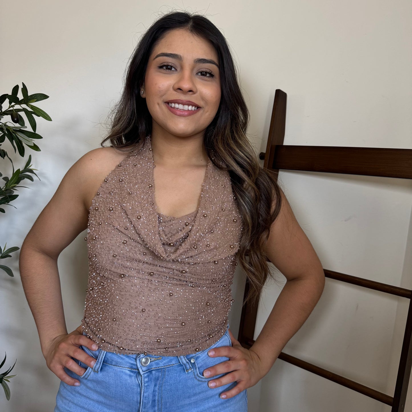Cowl beaded Halter Top-Mocha