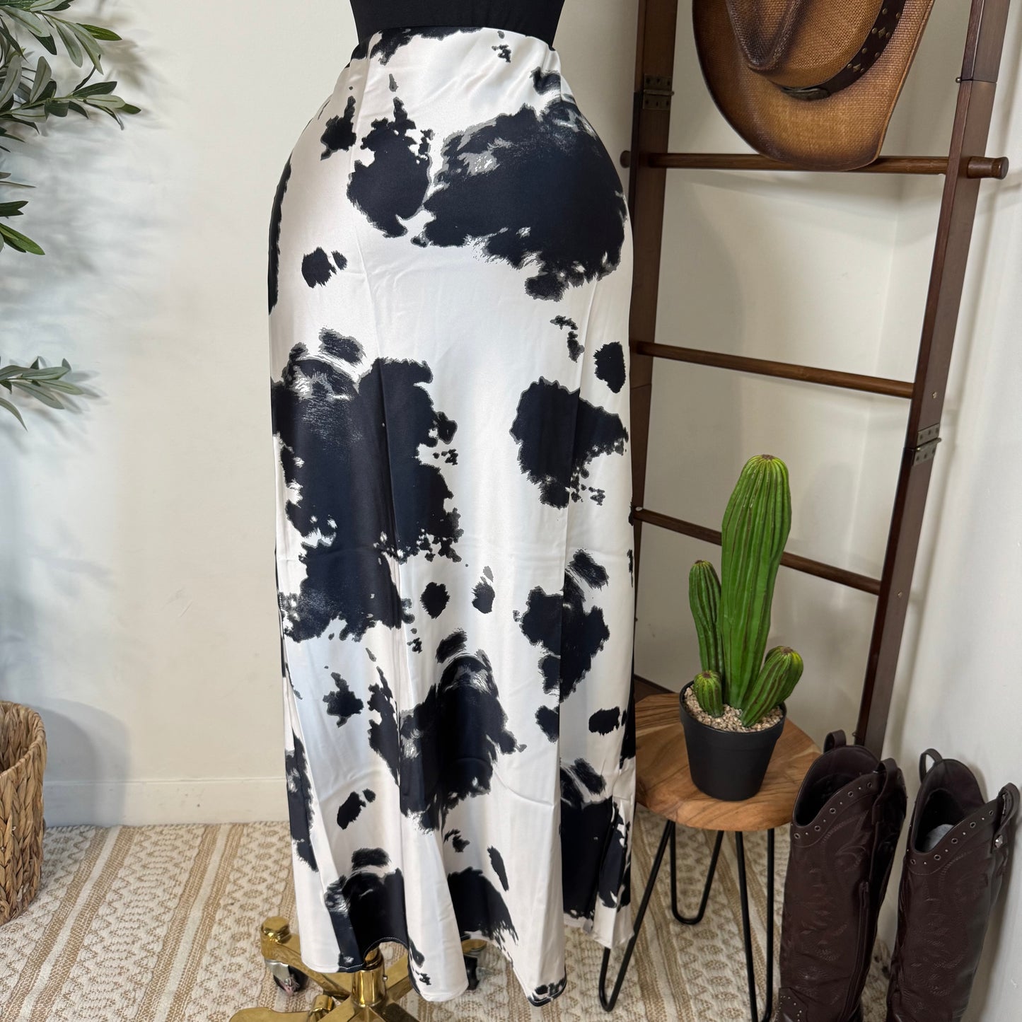 Cow Print Satin Maxi Skirt-Black