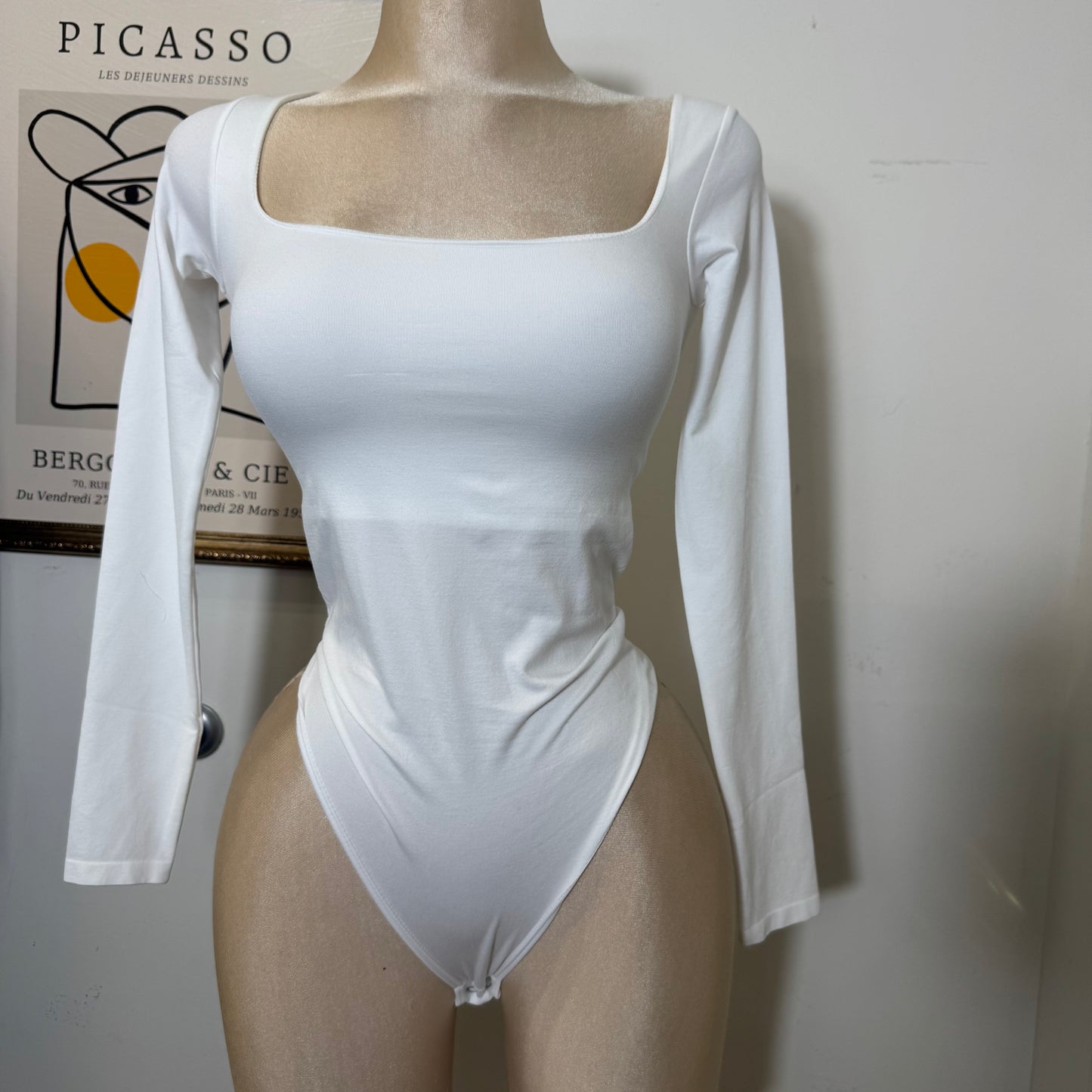 Square Neck Long Sleeveless Bodysuit-White