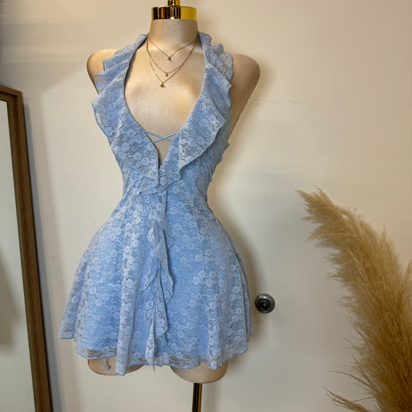Amy Lace Halter Dress-Baby Blue