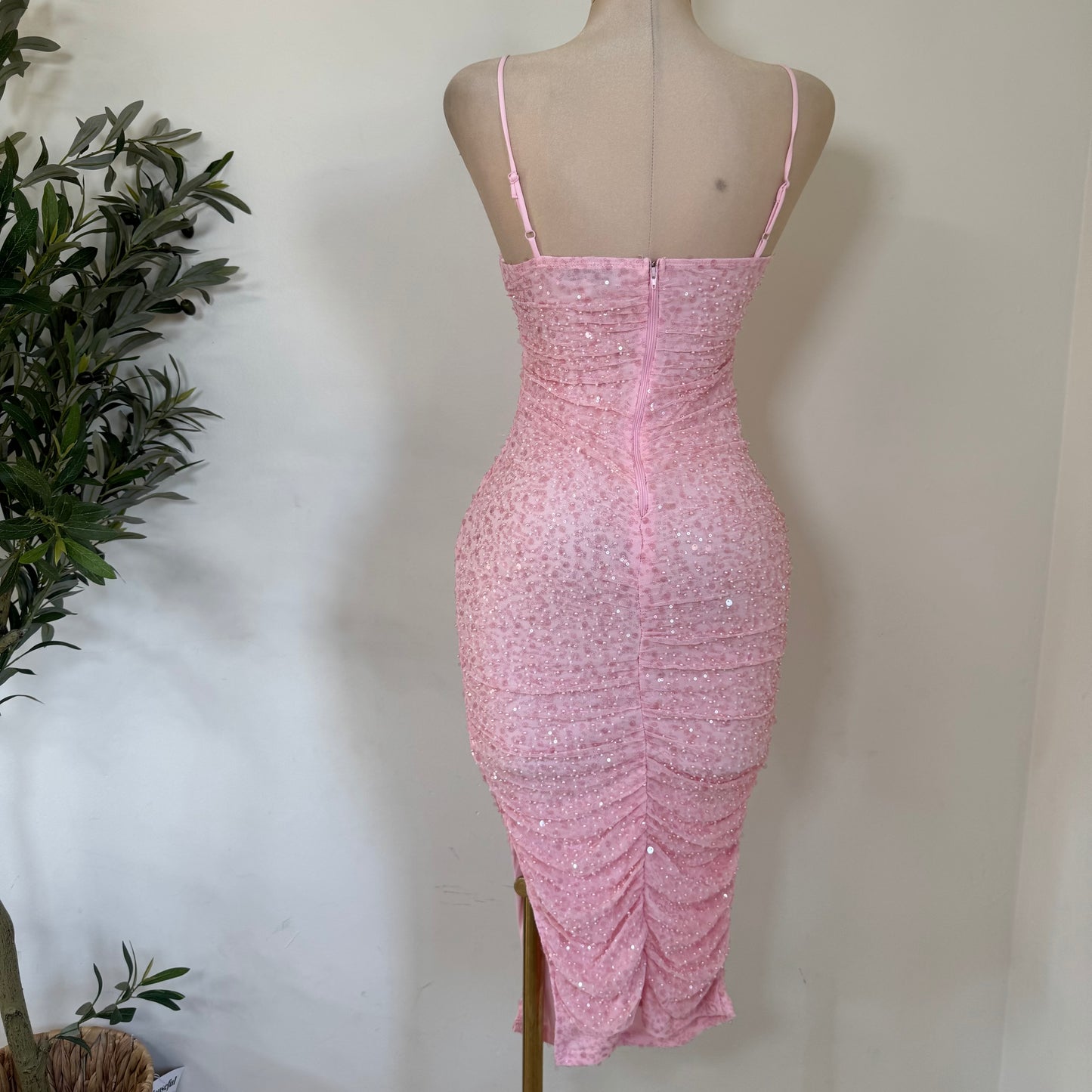 Bead and Sequin Ruched Midi dress-Baby Pink