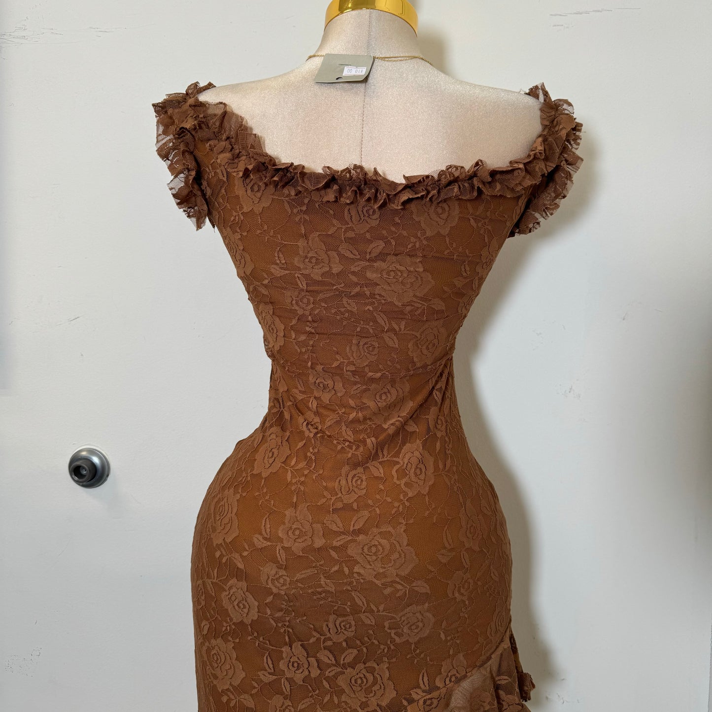Off Shoulder Short Sleeve Lace Dress-Brown