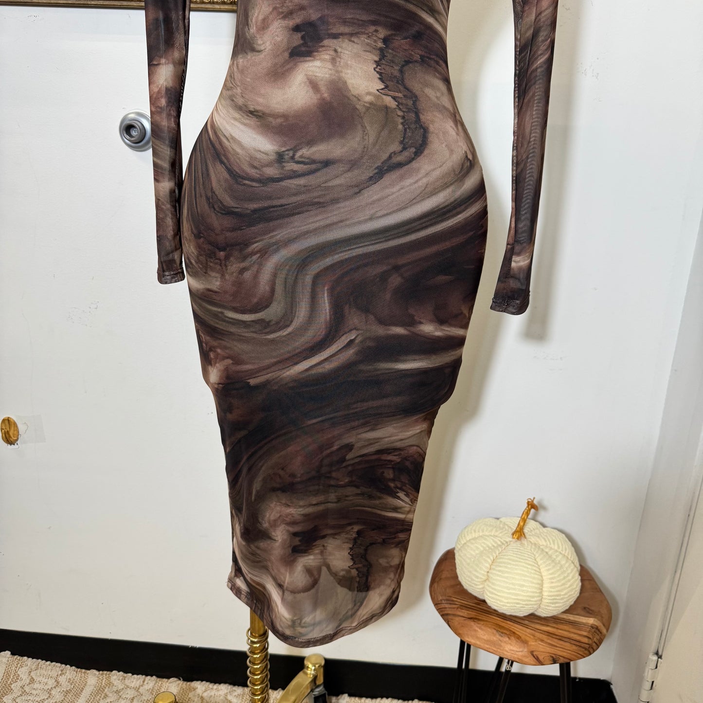 Marble Print Mesh Midi Dress