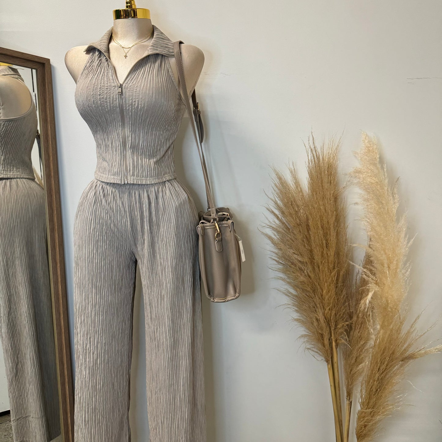 Halter Two Piece Pant Set-Taupe
