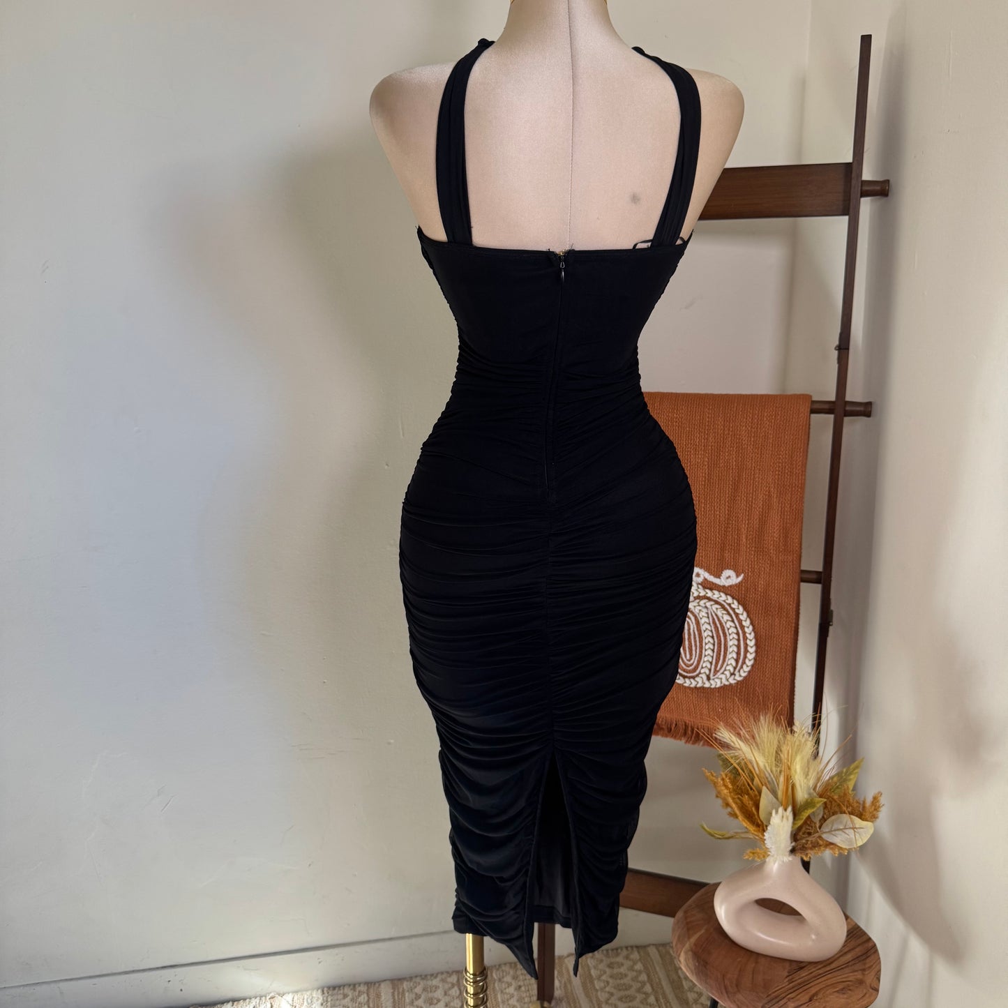 Halter Neck Trim Inset Ruched Bodycon Midi Dress-Black