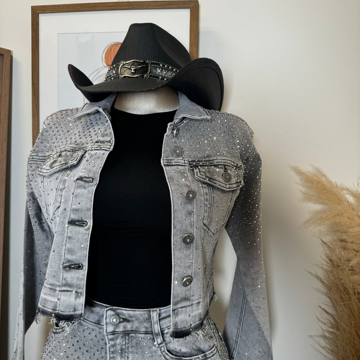 All Rhinestone Denim Jacket -Gray