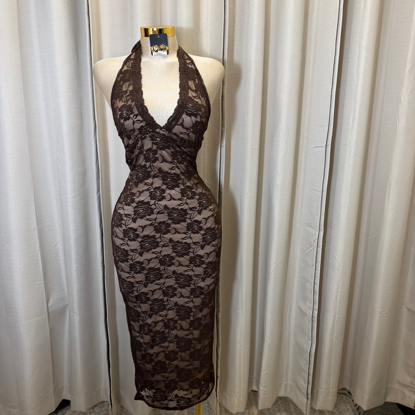 Halter back Tie Open back lace midi Dress-Brown