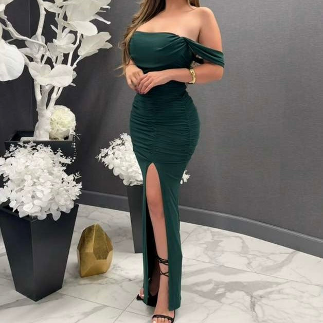 Long Maxi Off Shoulder Dress-Hunter Green