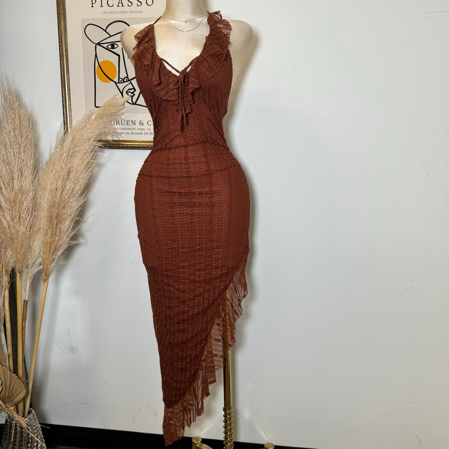 Lace Open Slit Halter Dress-Rust