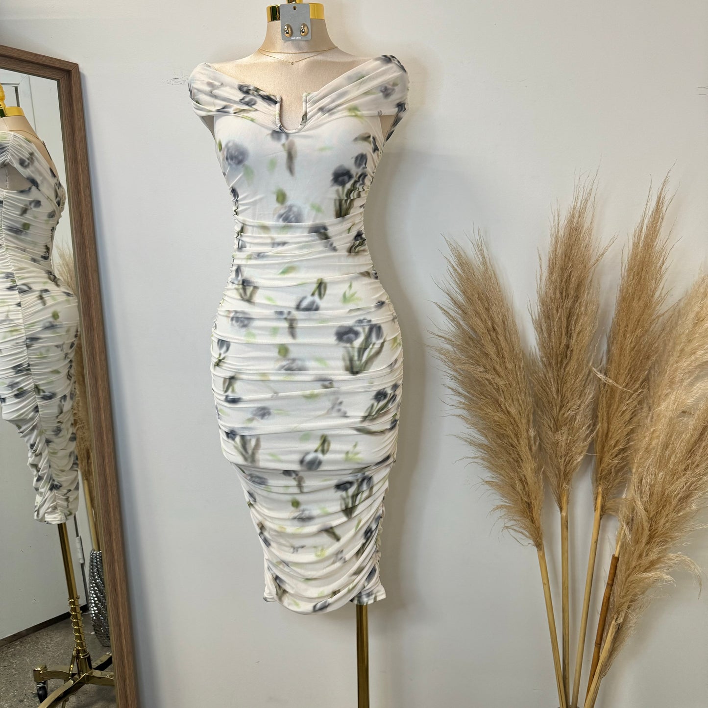 Spring Off shoulder Dress-Cream Multi