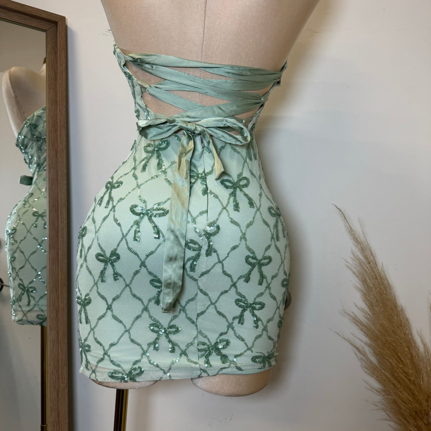 Bow Sequins Strapless Corset Dress-Green Sage