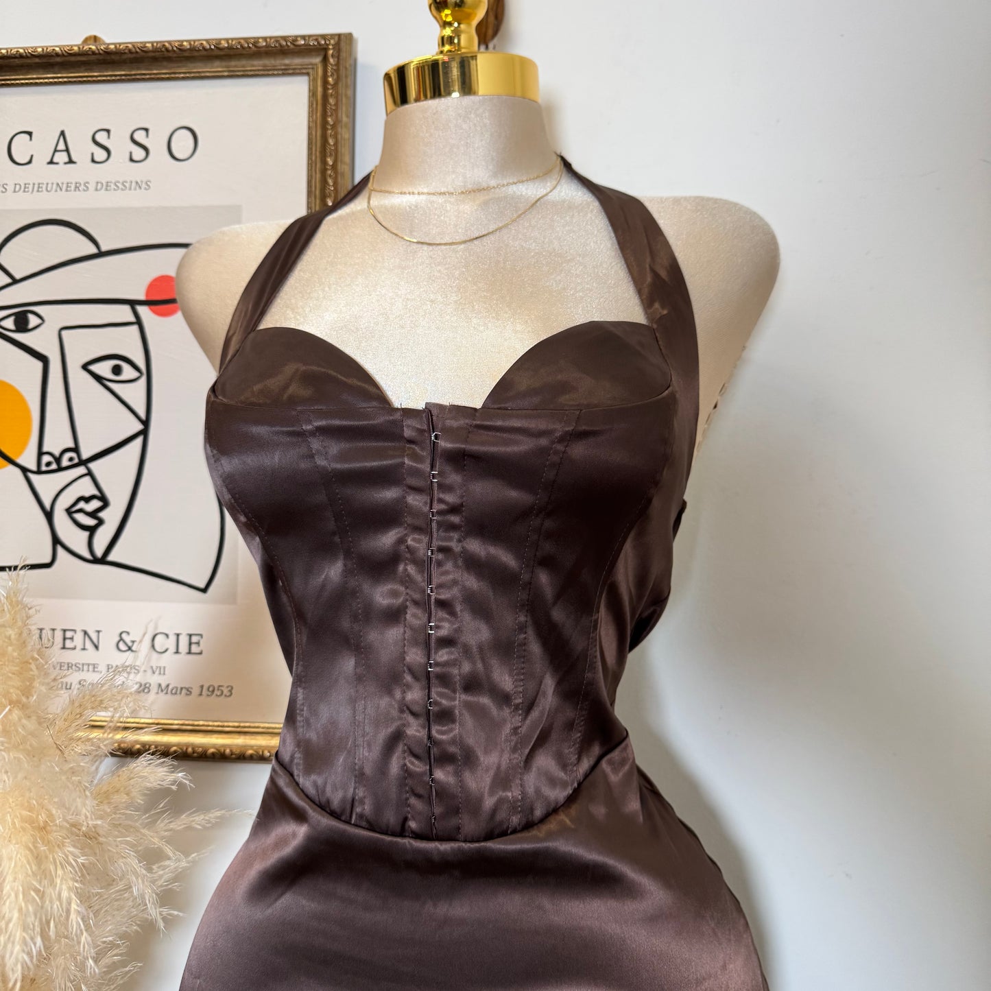 Corset Halter Satin Dress-Chocolate