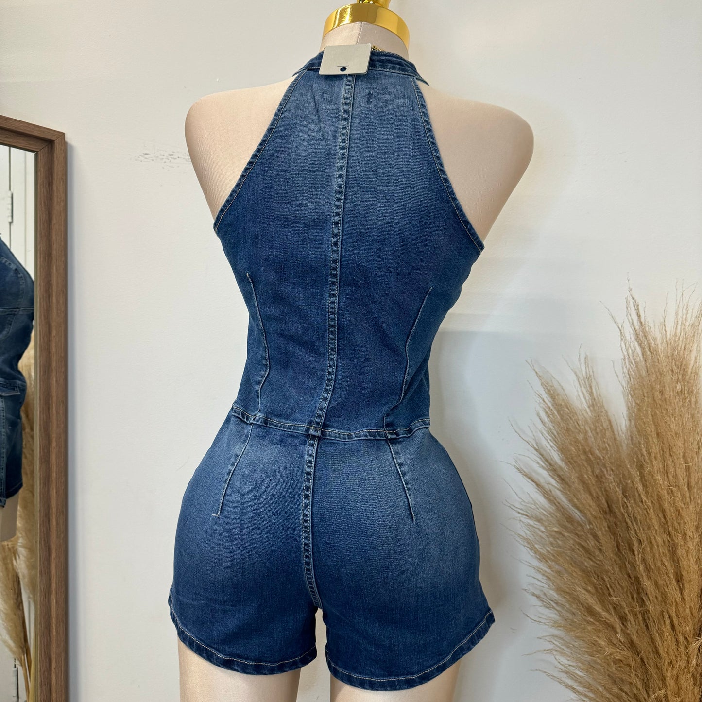 Denim Halter Romper-Dk Blue