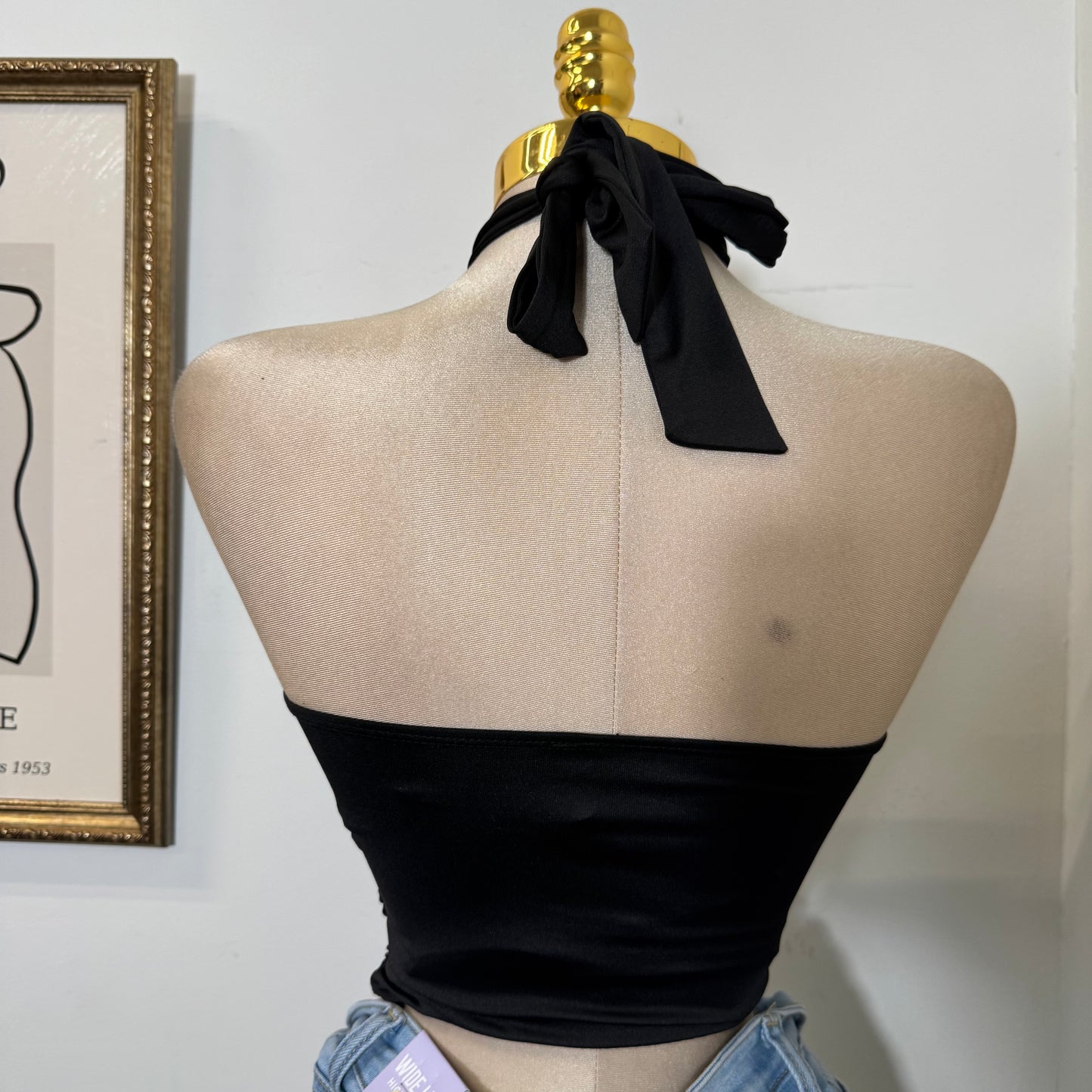 Halter Top w/ Trim Butter Jersey Fabric Gold Detail -Black