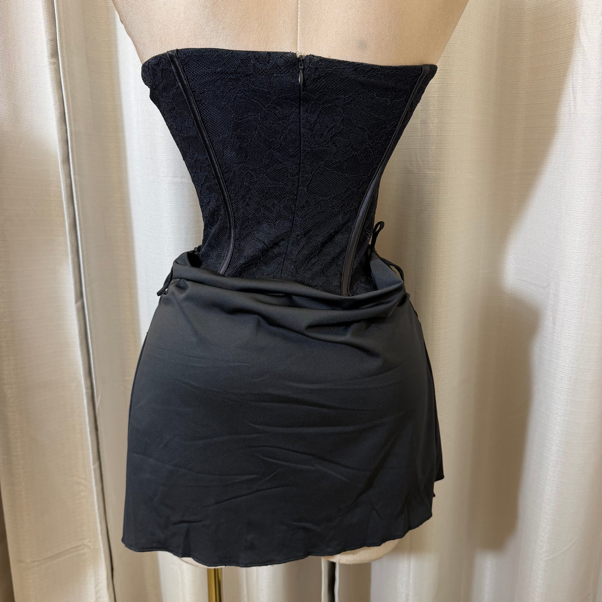 Strapless Lace Corset Cowl Front Mini Dress-Black