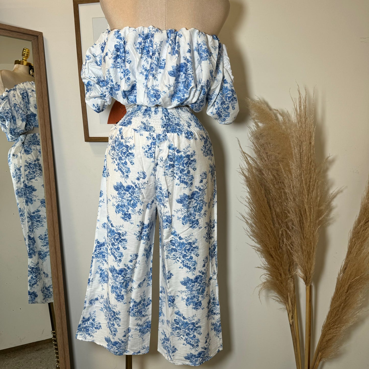 Off Shoulder Floral Top and Pant-Blue/White