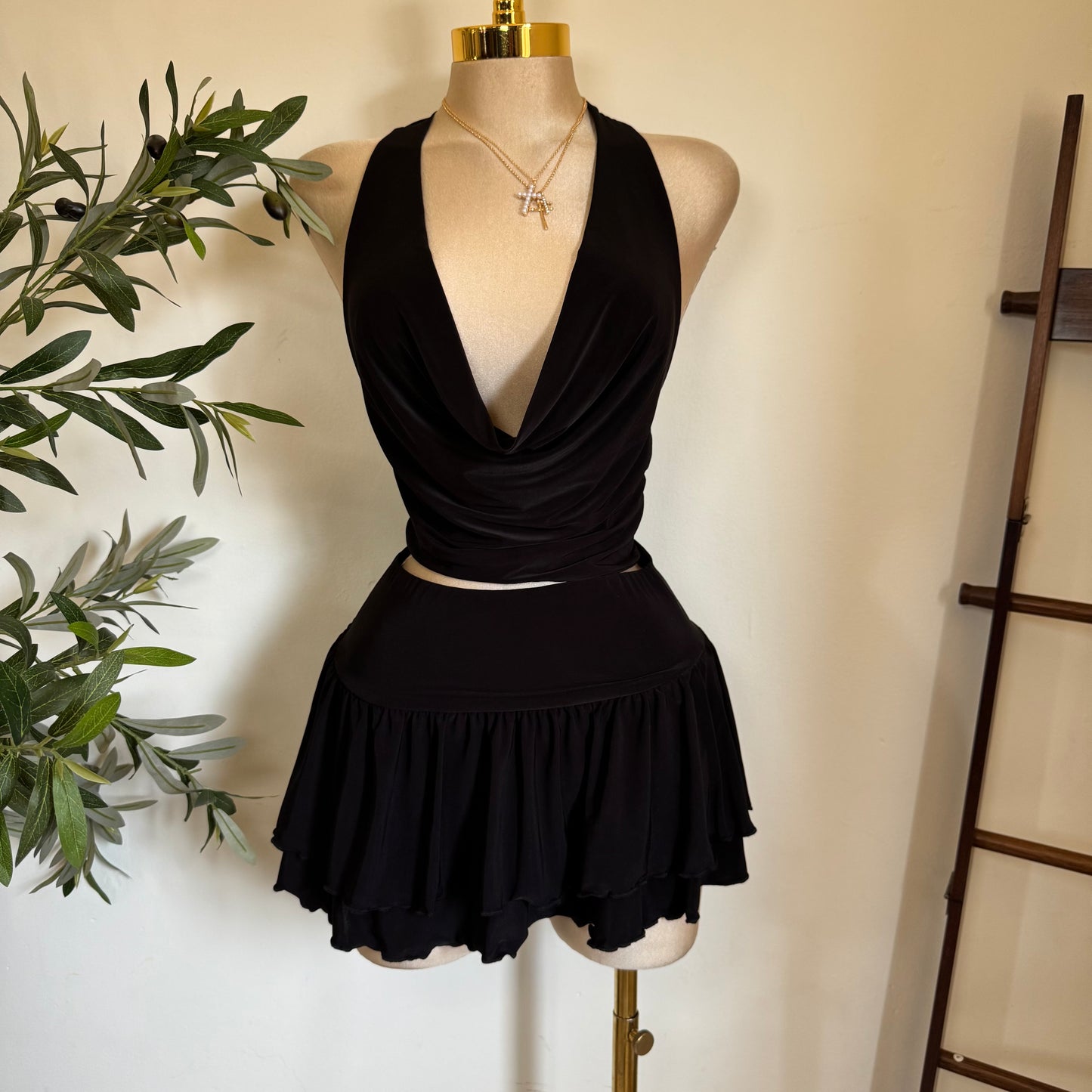 Cowl Halter Skirt Set -black