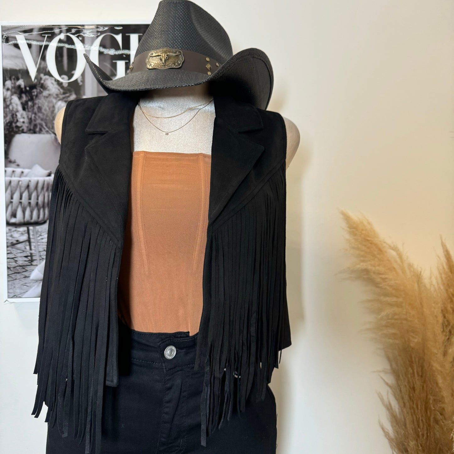 Collared Fringe Suede Vest -Black