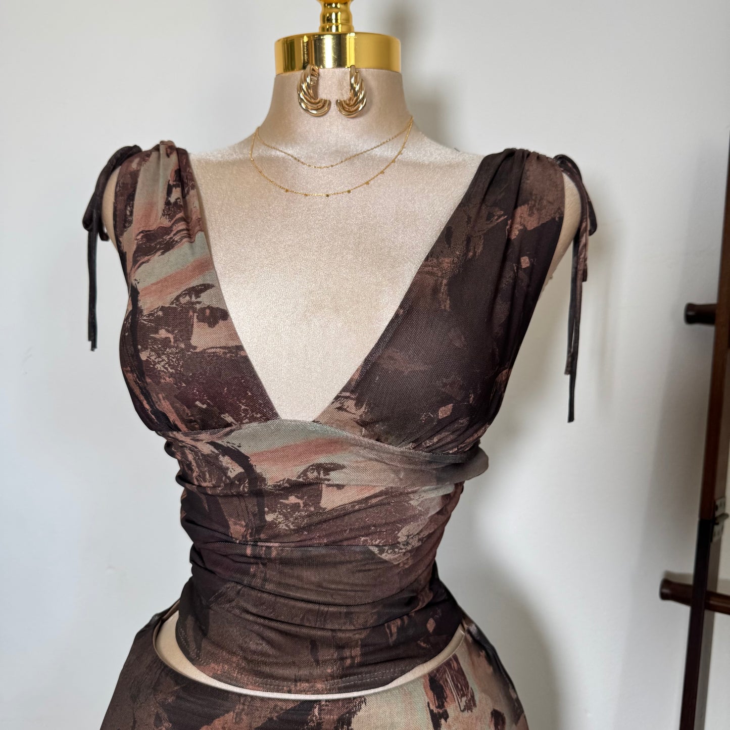 Two Piece Ruched Top Mermaid Maxi Skirt Set-Brown