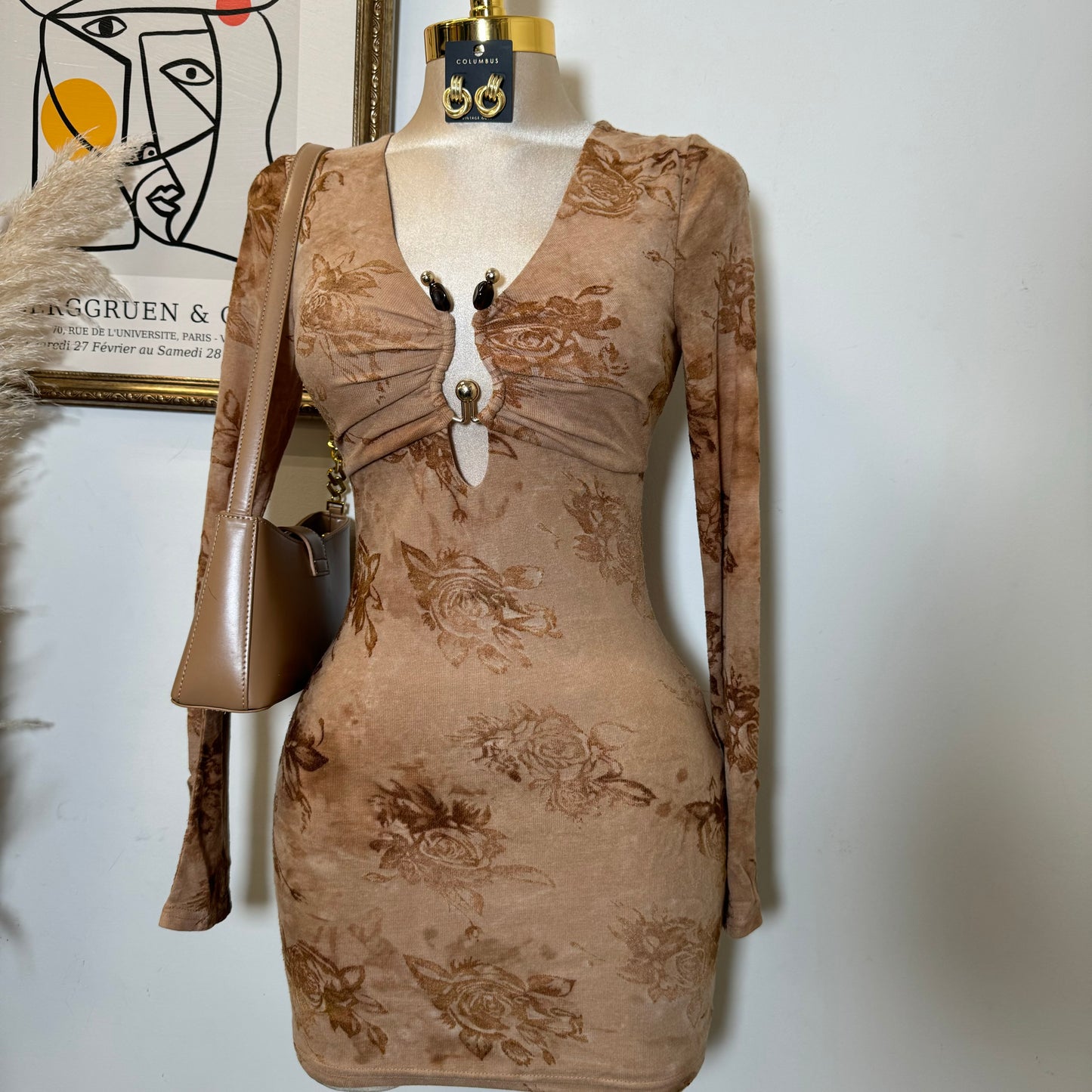 Brushed Knit Velvet Flocking Long Dress-Camel