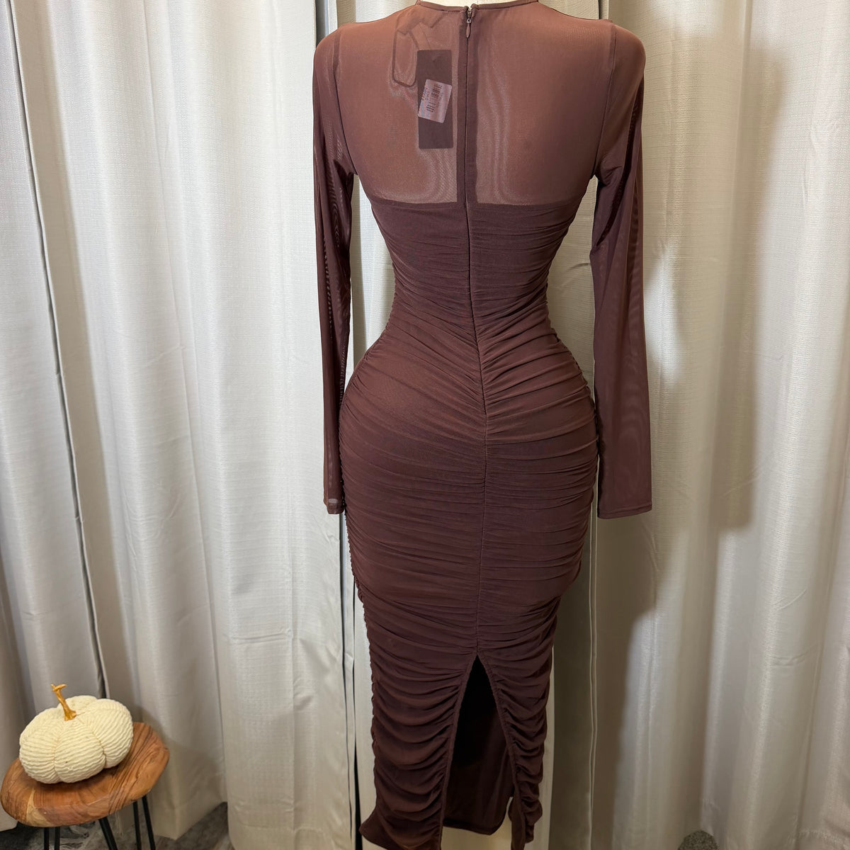 Round Neck Long Sleeve Ruching Midi Dress-Chocolate