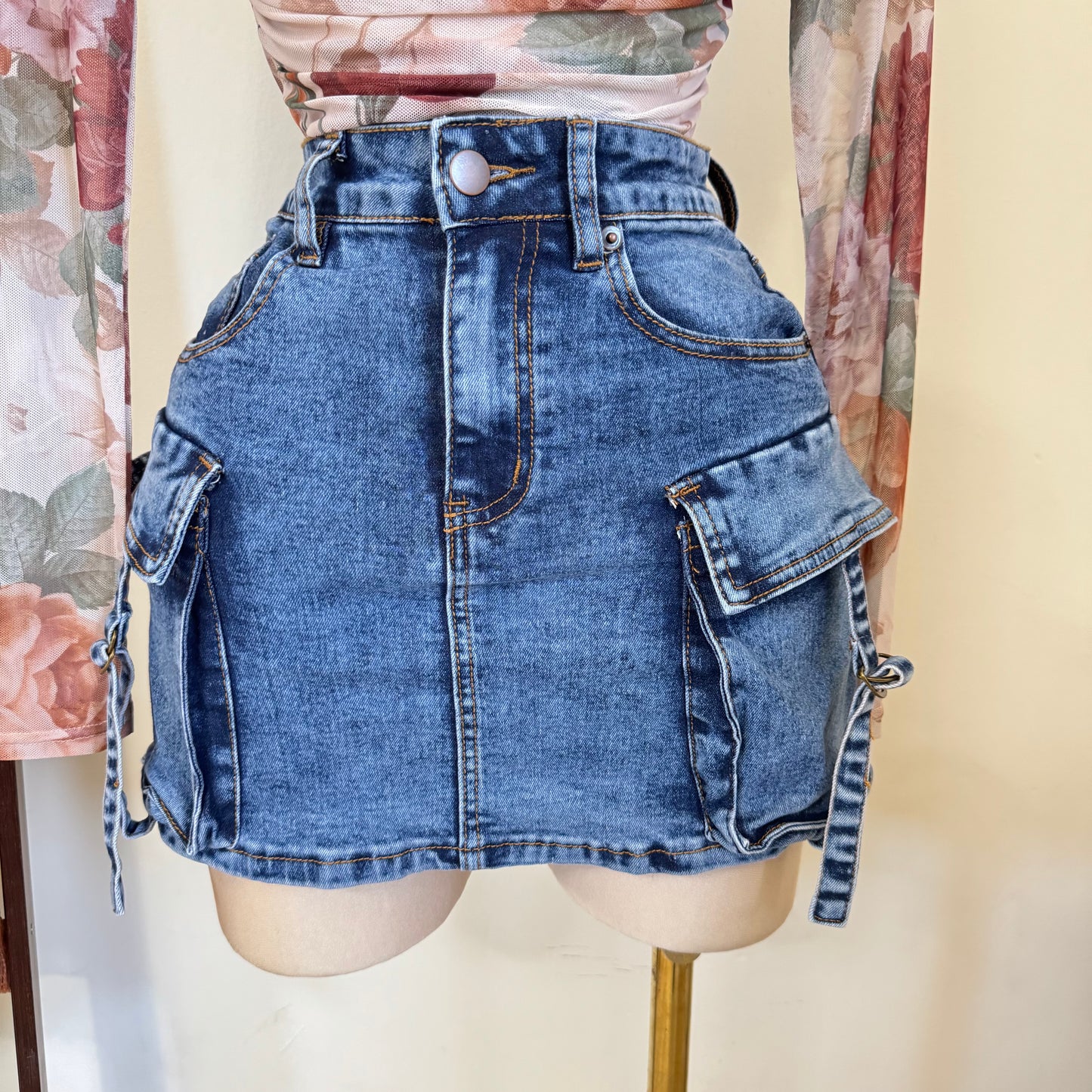 Cargo Denim Mini Skirt-Denim