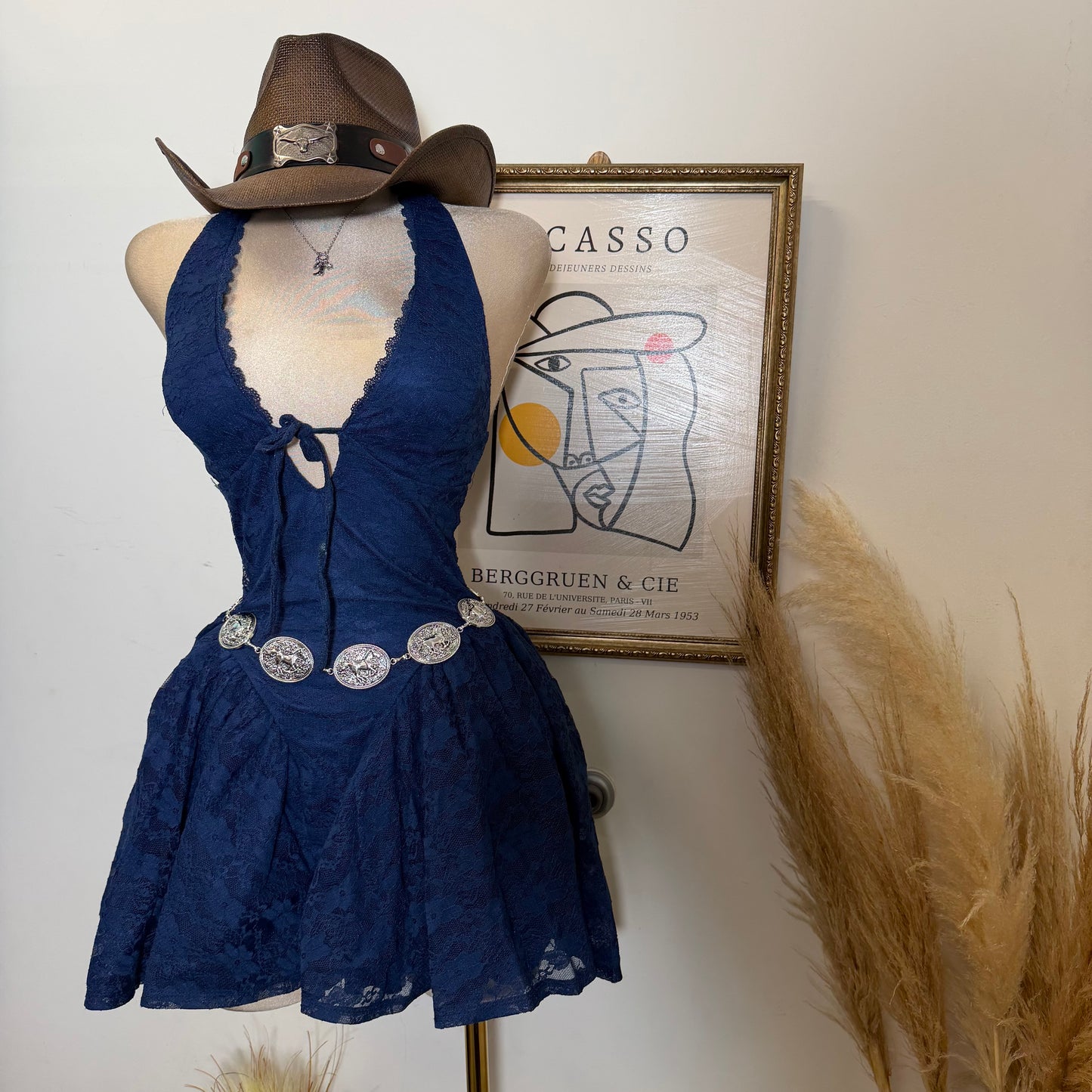 Lace Halter Mini Dress With Flared Skater Skirt-Navy