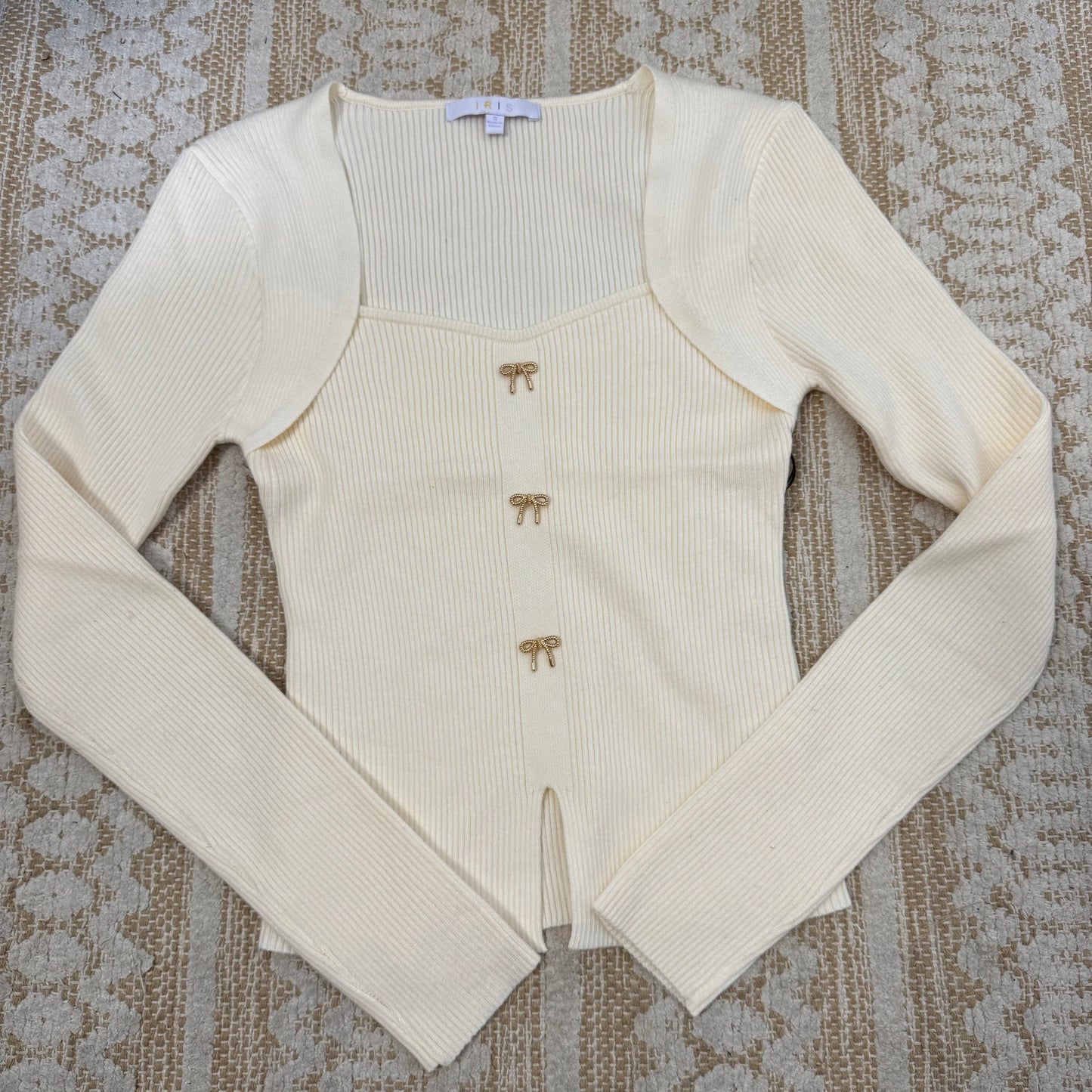 Square Neck Ribbon Trim Sweater Top-cream