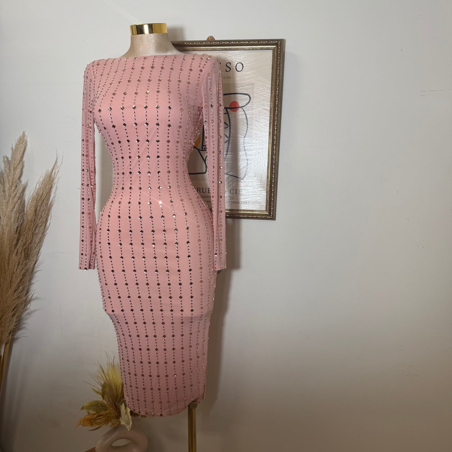Square Rhinestone On Mesh Midi Dress-Pink