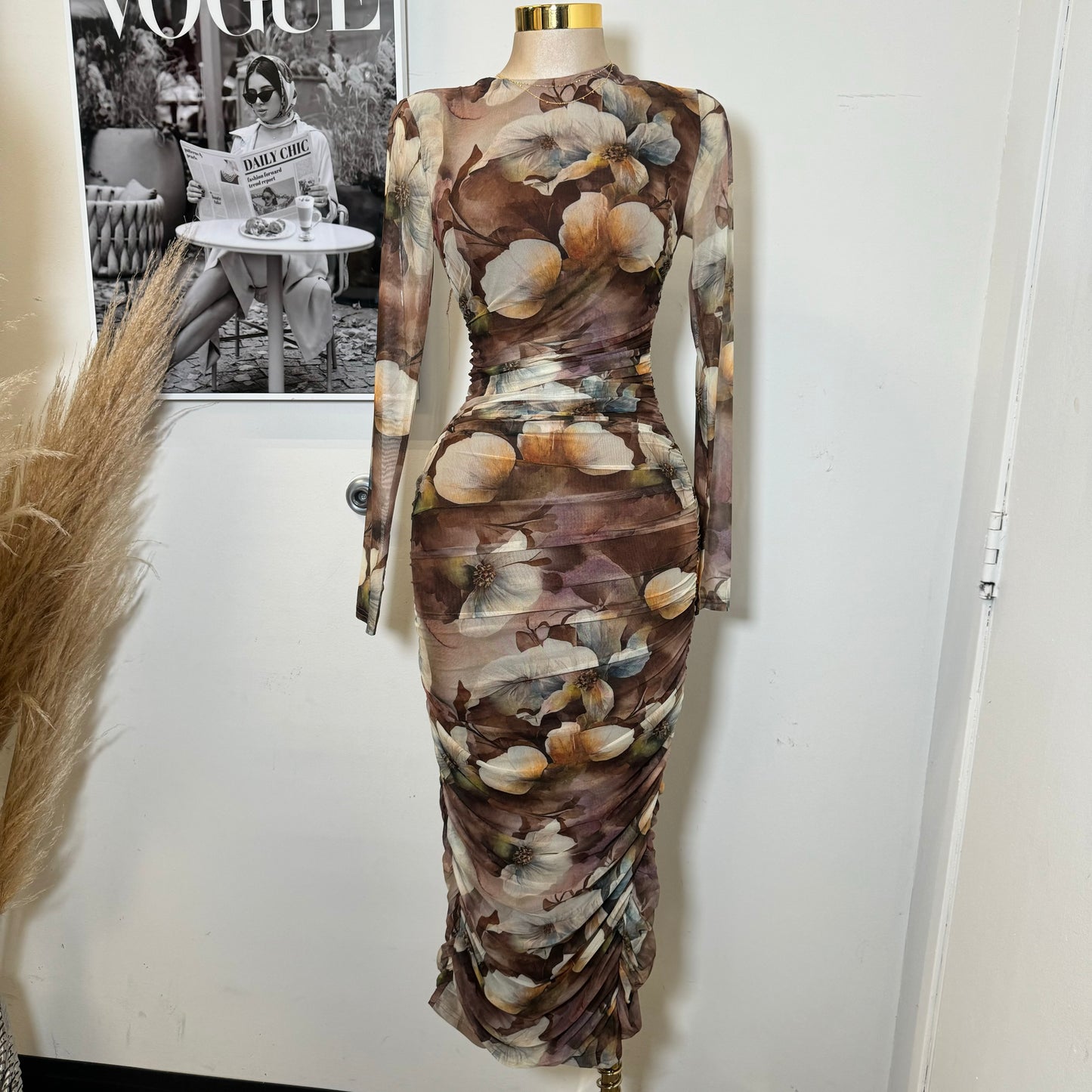 Long Sleeve Mesh Dress-Olive1