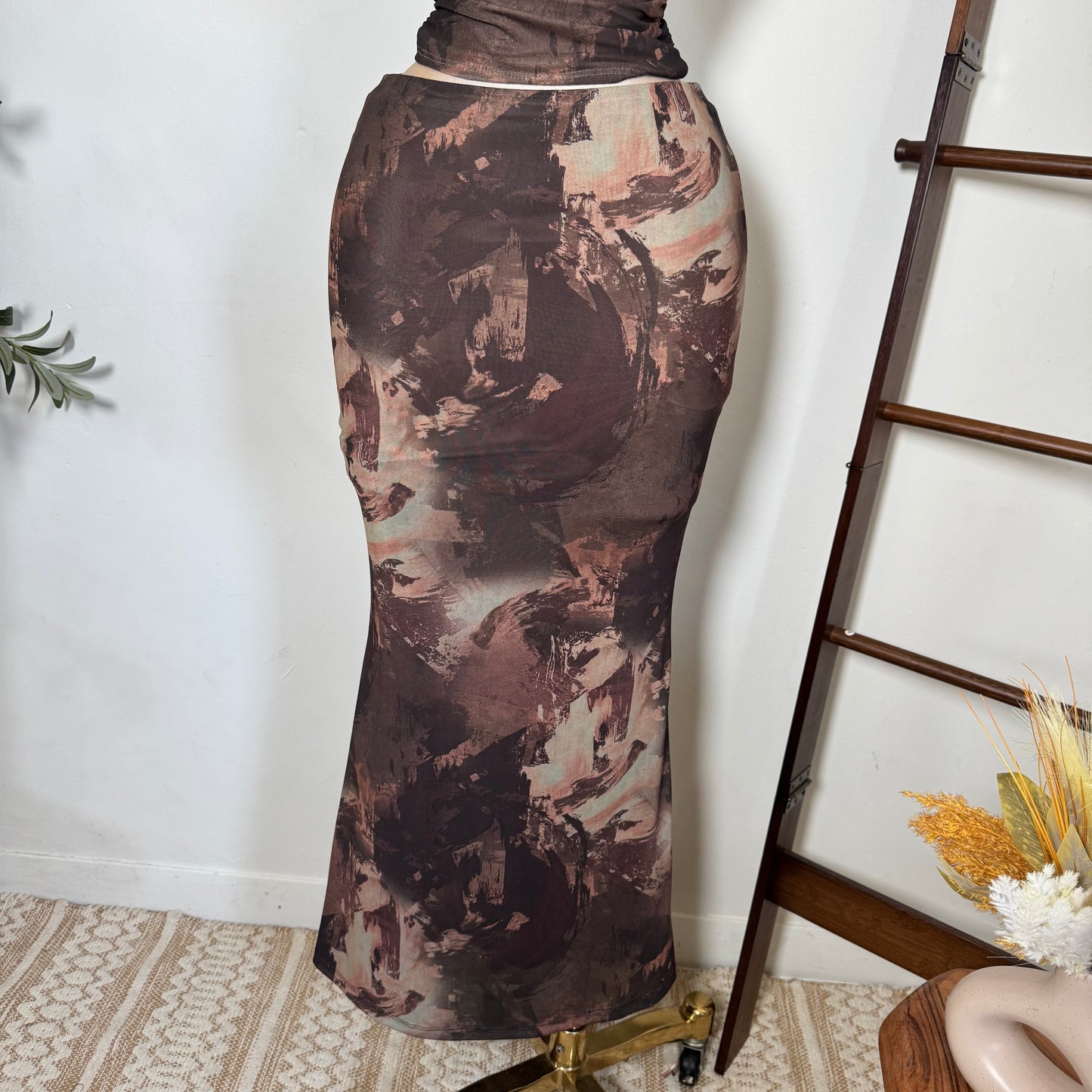 Two Piece Ruched Top Mermaid Maxi Skirt Set-Brown