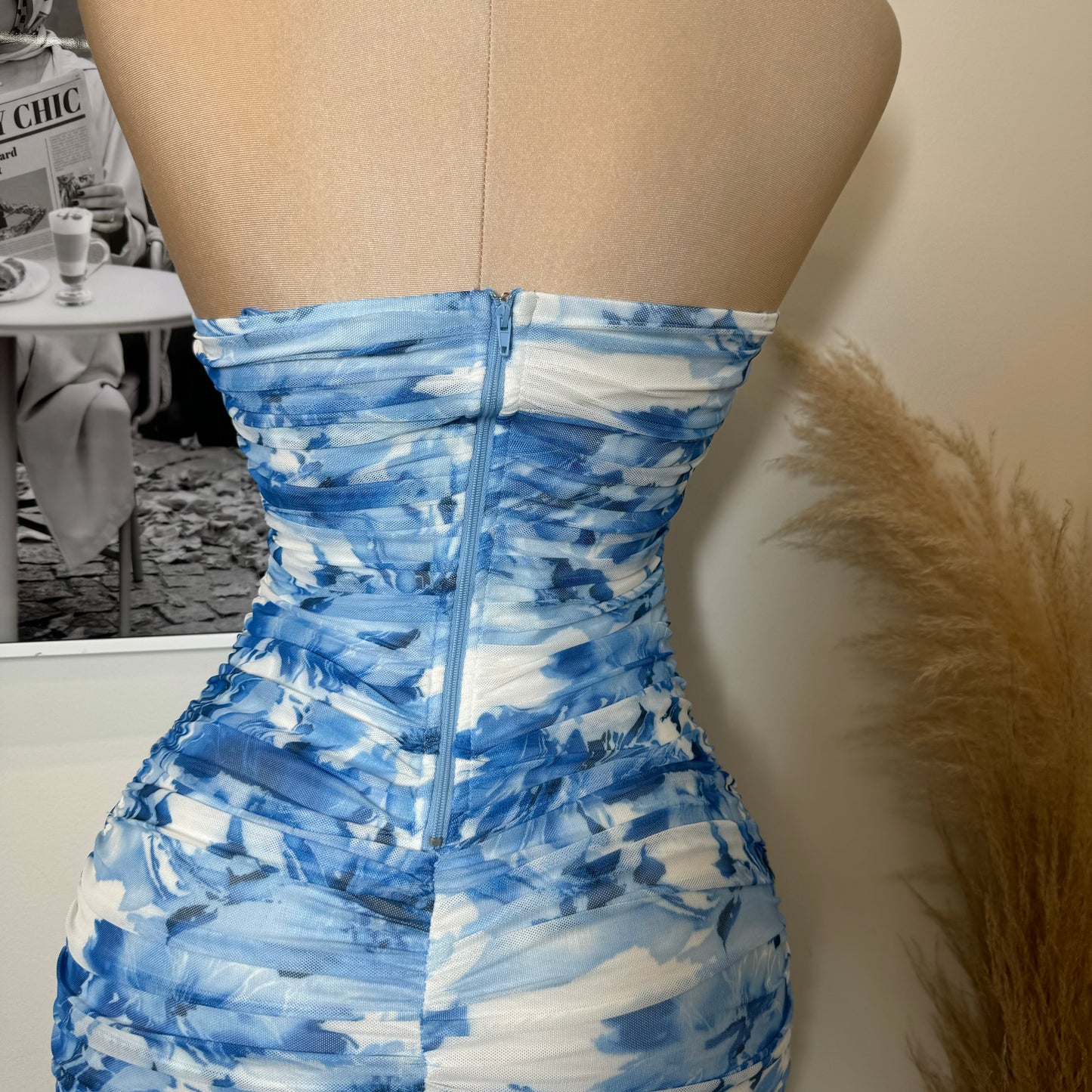 Strapless Mesh Print Dress-Baby Blue/White