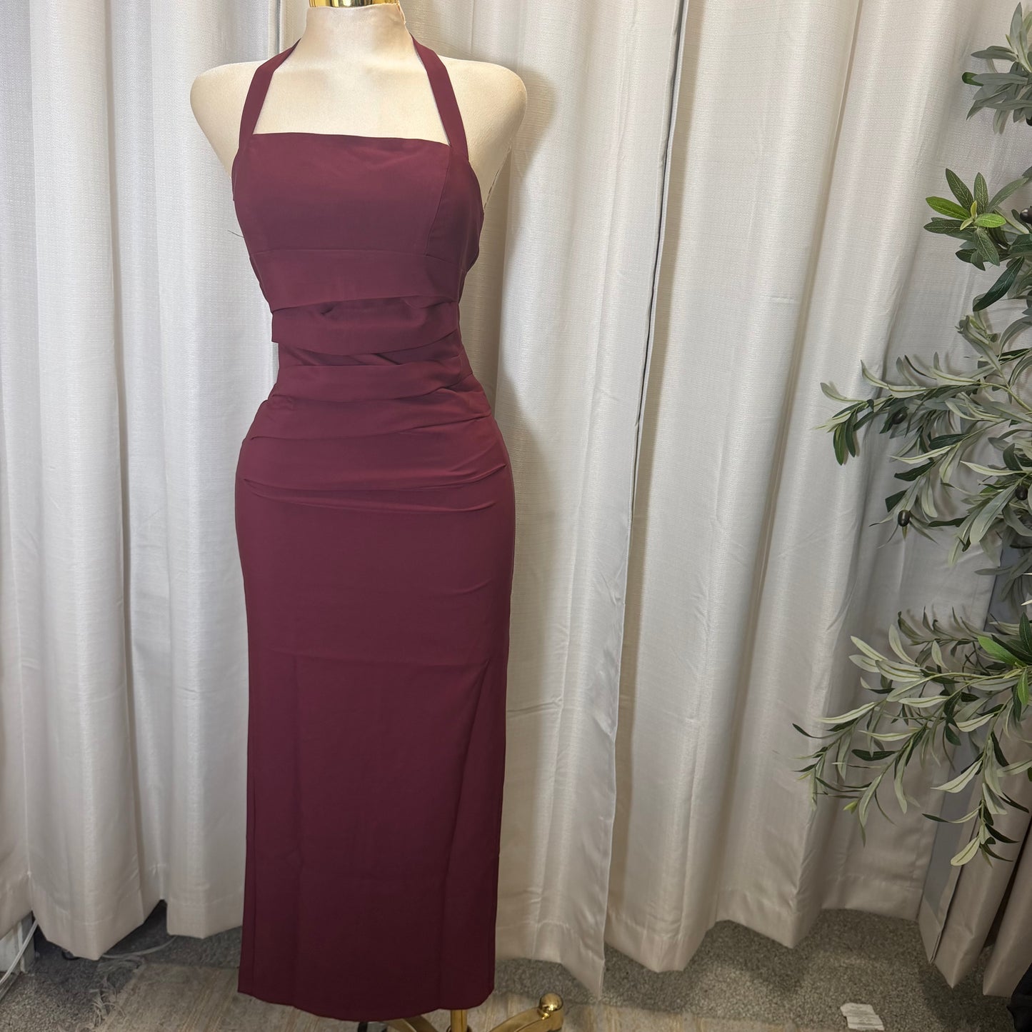 Halter Neck Structured Back Slit Maxi Dress-Burgundy