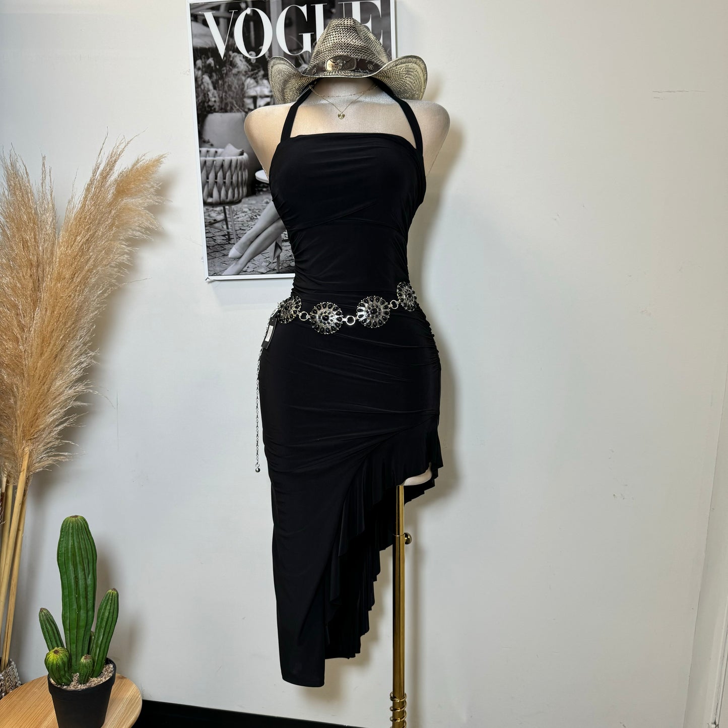 Halter Asymmetrical Dress-Black
