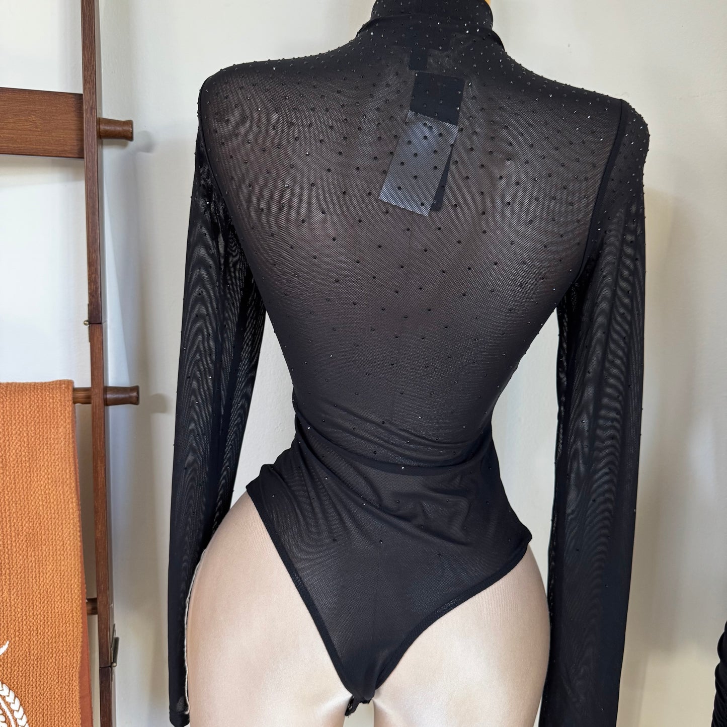 Chic Rhinestone Embellished Mock Neck Bodysuit Top-Black