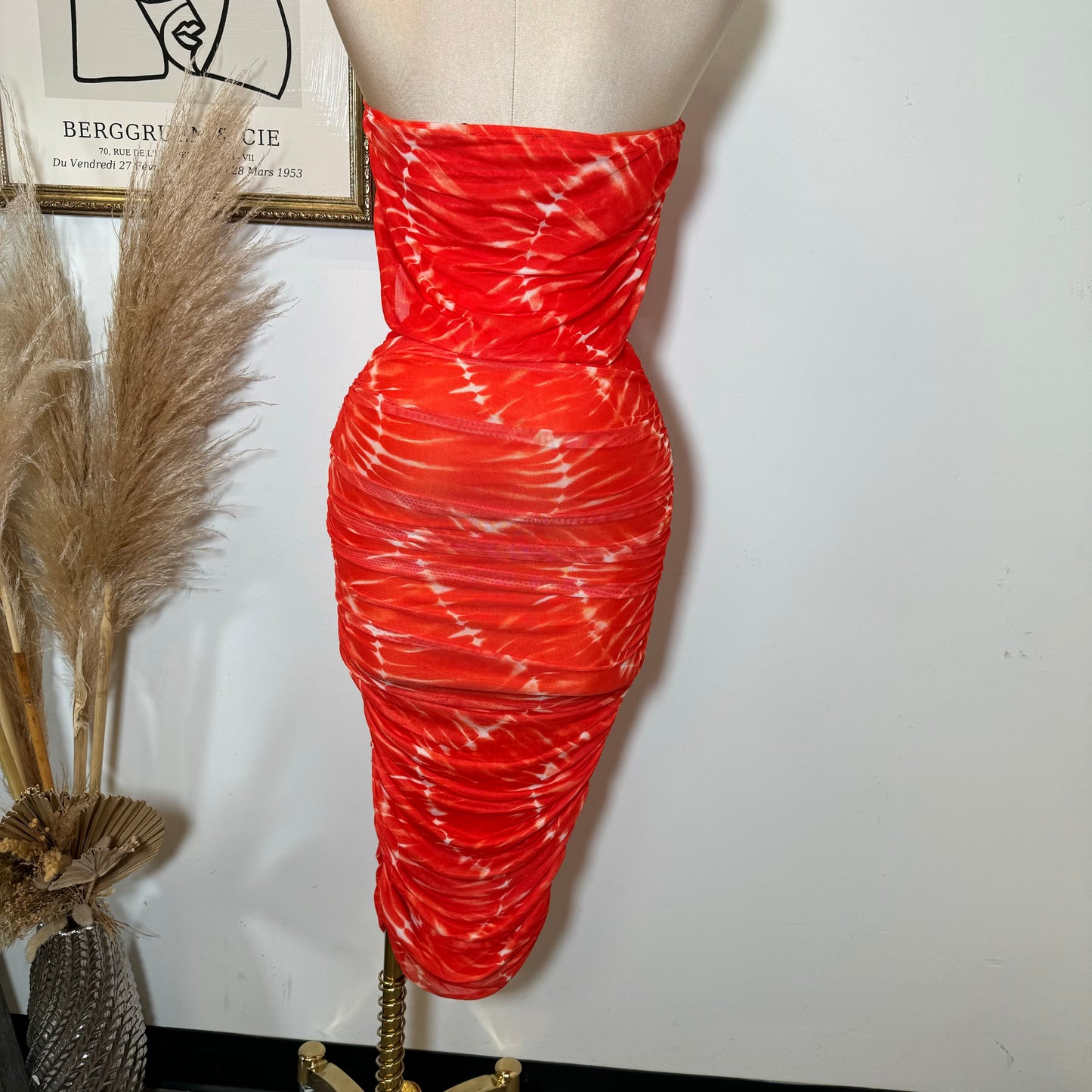 Off Shoulder Mesh Dress-Orange