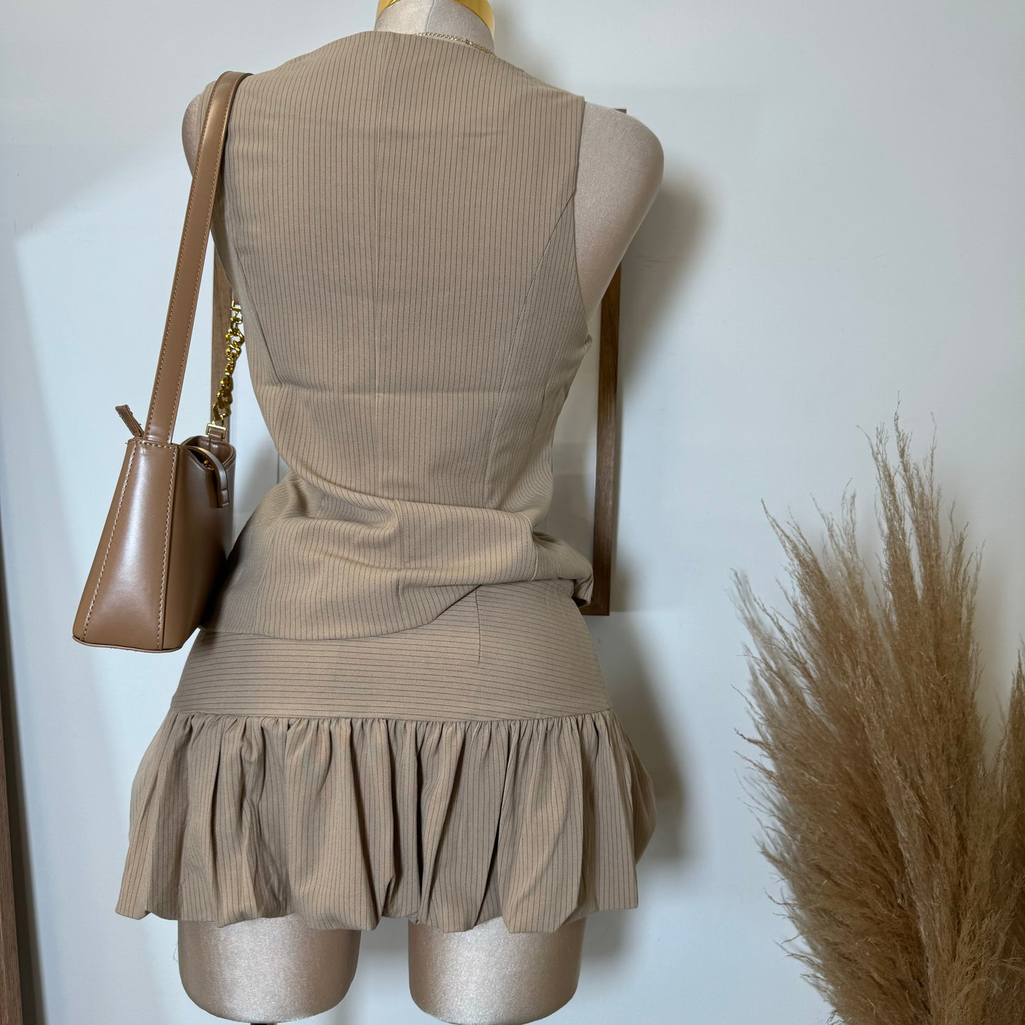 Camila Vest bubble skirt Set-Brown/Black