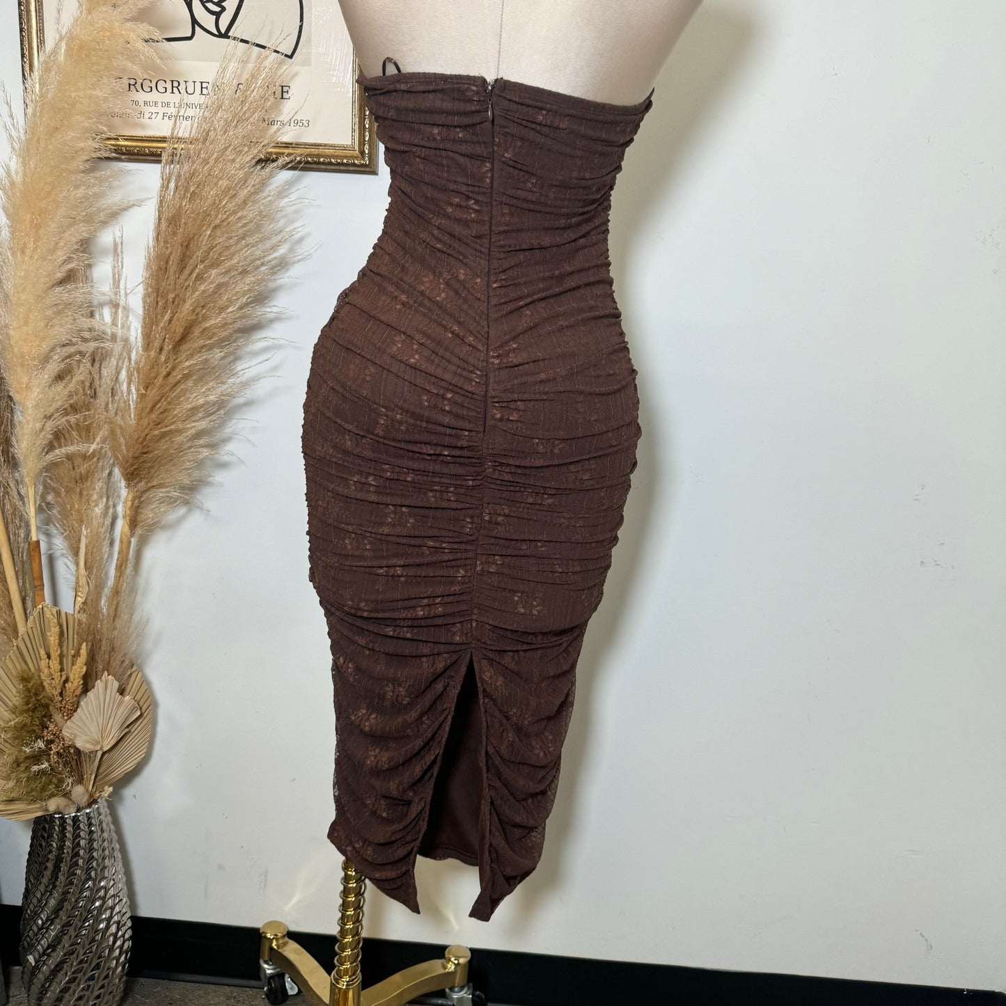 Sweetheart Shape Lace Dress-Brown