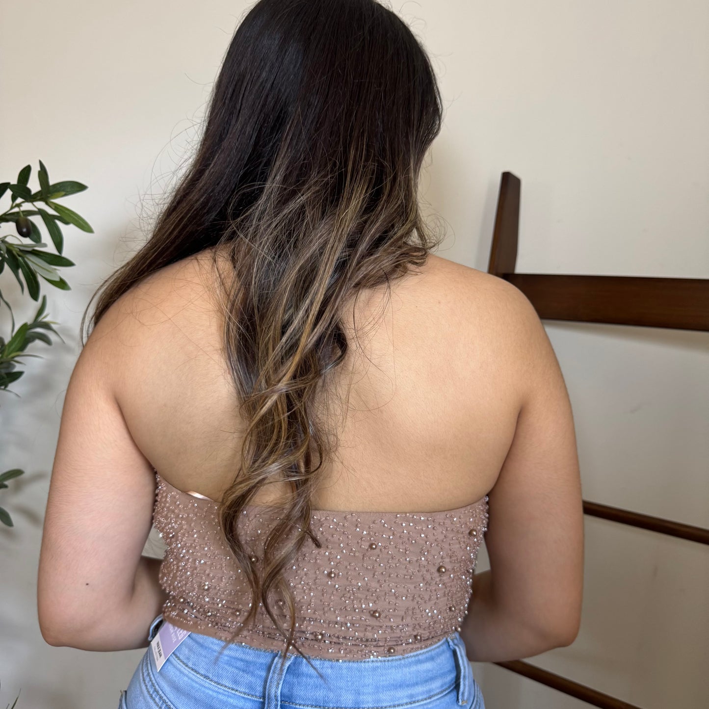 Cowl beaded Halter Top-Mocha