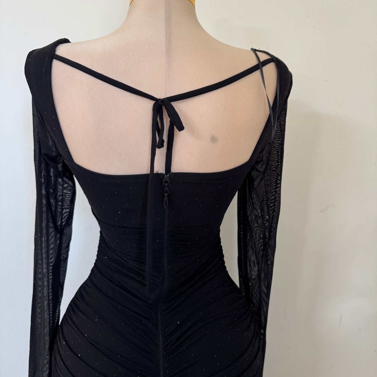Sweet Heart Long Sleeve Rucing Rhinestone Midi Dress- Black