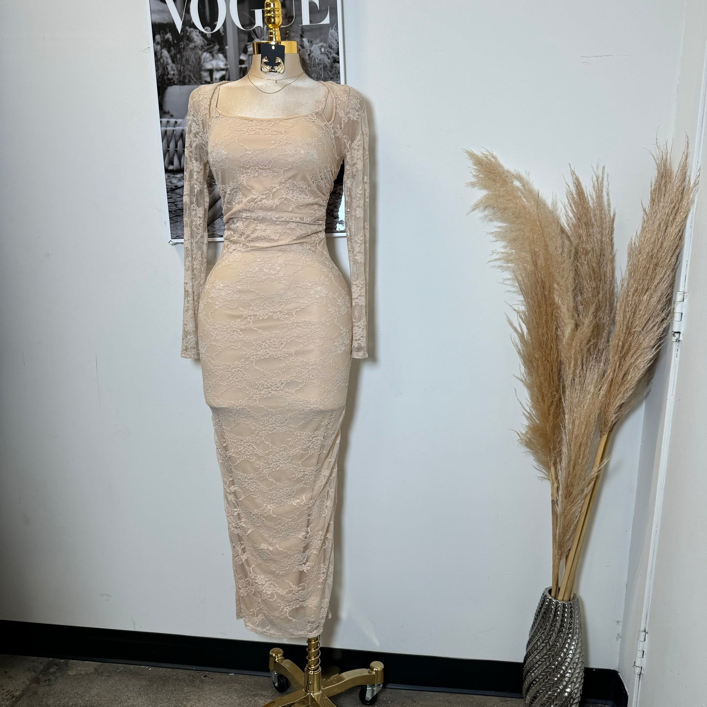 Aimara Lace Long Sleeve  Dress-Beige