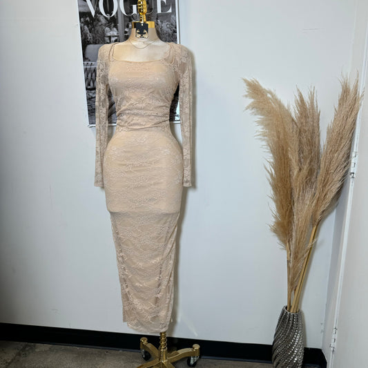 Aimara Lace Long Sleeve  Dress-Beige